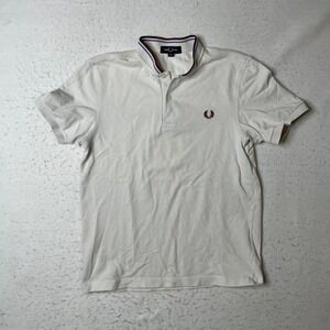 Fred Perry Mens M4526 Bomber Collar Pique Polo Shirt White Medium Laurel Wreath